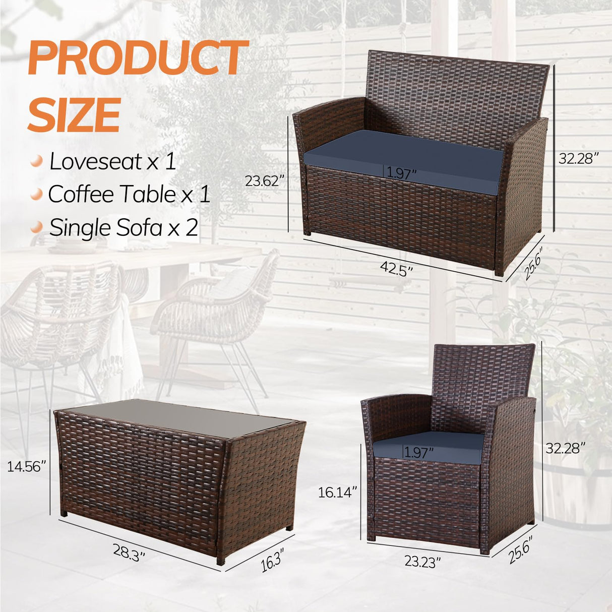 Seogwisam 4 Piece Patio Furniture Set,Outdoor Wicker Conversation Sets,Rattan Sectional Sofa w/Coffee Table,Seat Cushions for Backyard Porch Garden Poolside (Gray/Blue) Seogwisam