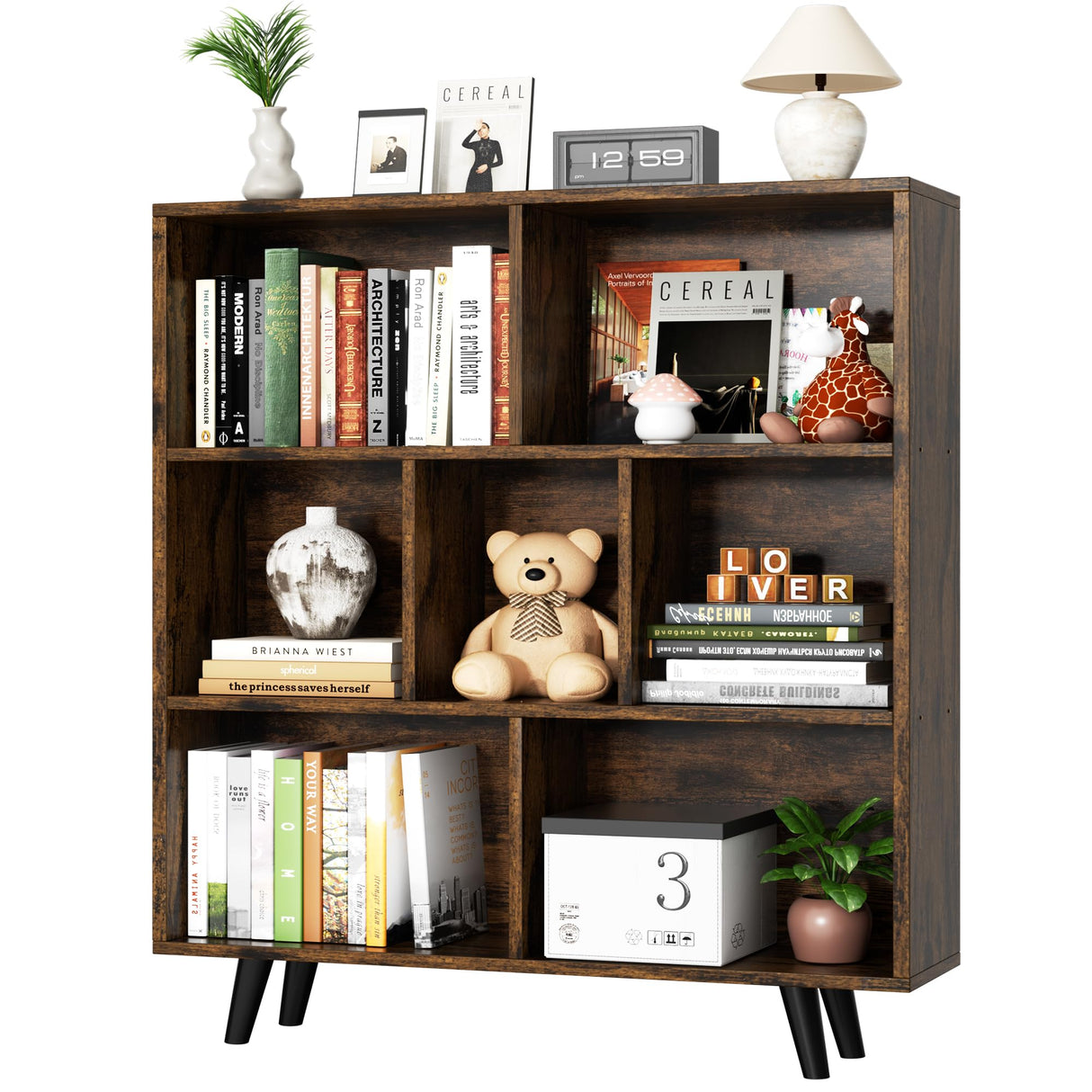 Shintenchi Cube Storage Organizer, 3 Tier Mid-Century Bookcase with Legs Cubeicals Retro Wood Organizer Storage Bookcase, Freestanding Open Book Shelves for Bedroom,Living Room,Office(Brown) Shintenchi