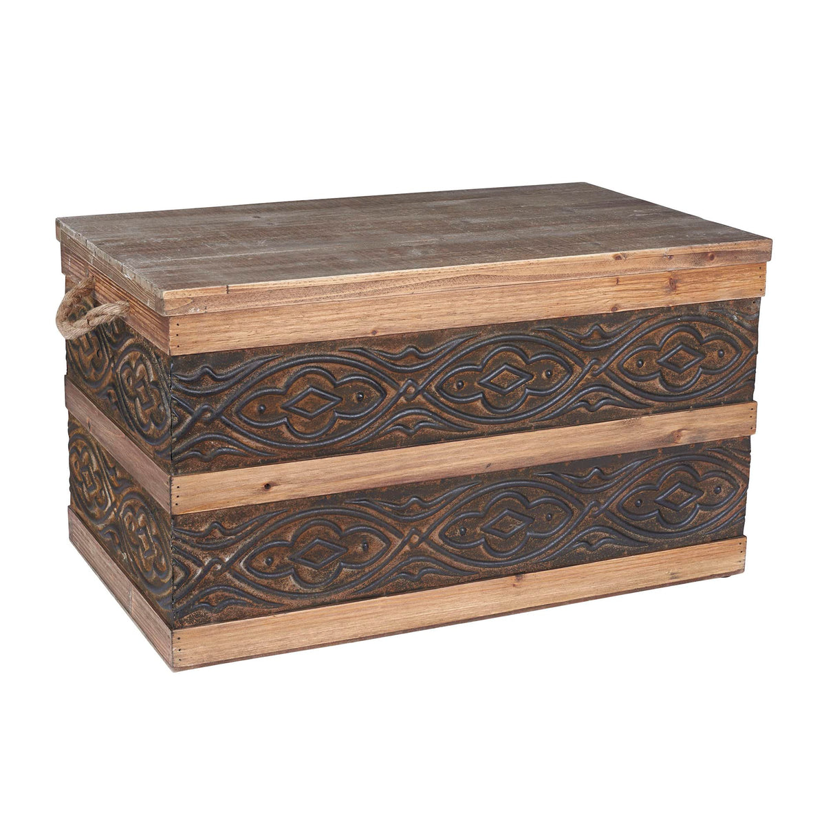Household Essentials Decorative Trunk, Embossed Metal, Large, Chinese Fir Wood, Darkened Interior, Rope Handles, Flat and Fully Opening Lid, Handmade, Walnut and Almond Stain Household Essentials