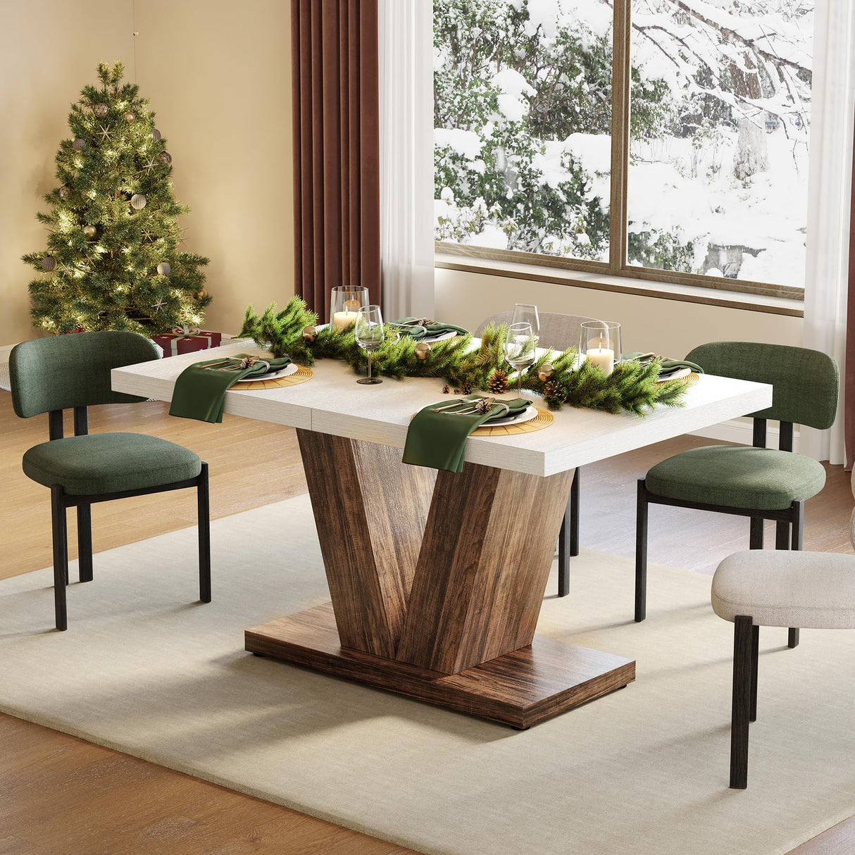 LITTLE TREE 47 Inches Dining Table for 4, Modern Dining Room Tables, White Rectangle Kitchen Table with Rustic Brown V-Shaped Pedestal, Wooden Dinner Table for Dining Room, Kitchen, Living Room LITTLE TREE