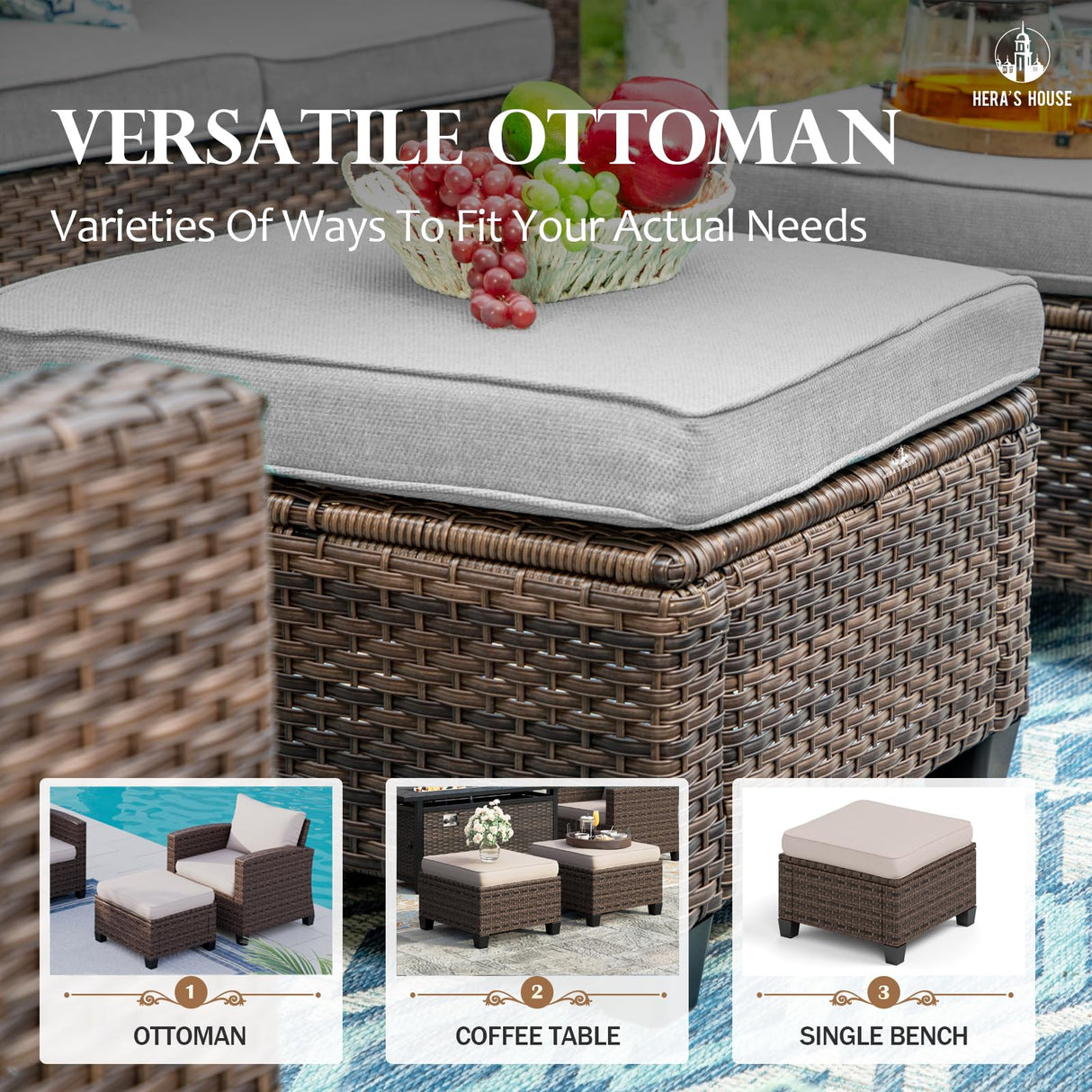 HERA'S HOUSE Patio Furniture Set with Fire Pit Table, 8 Pieces Outdoor Wicker Conversation Set, 4 x Single Chair, 2 x Ottoman, 3-Seat Sofa with 56" Fire Pit Table, for Garden, Poolside, Backyard HERA'S HOUSE