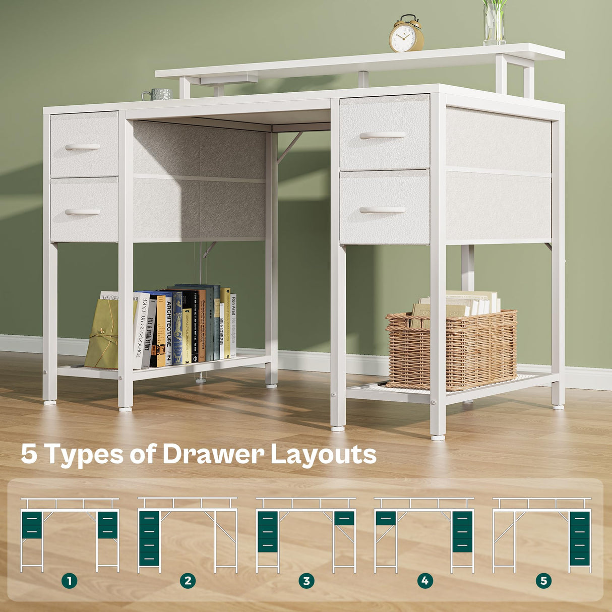 Huuger 47 inch Computer Desk with 4 Drawers, Gaming Desk with LED Lights & Power Outlets, Home Office Desk with Large Storage Space for Bedroom, Work from Home, White Huuger