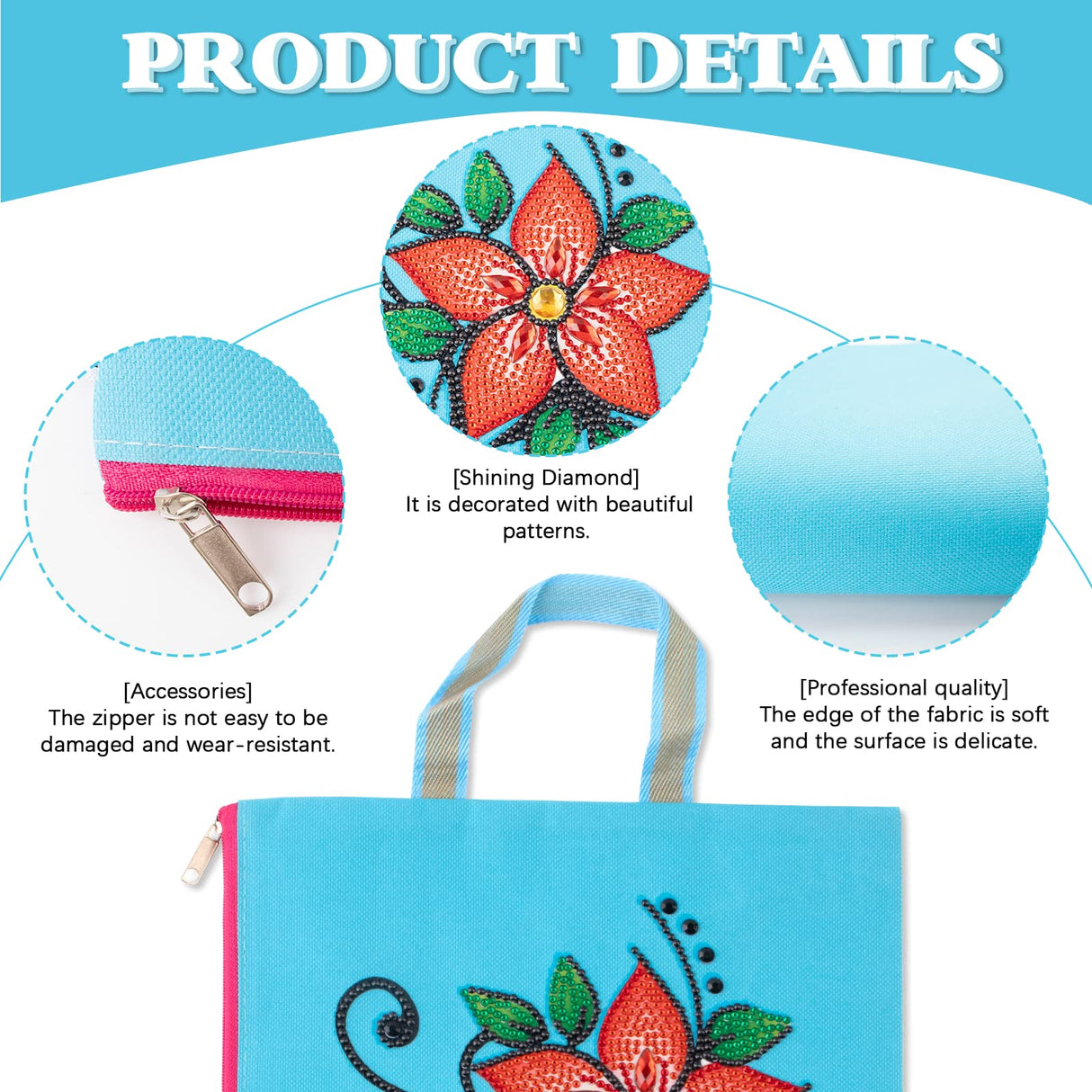 antor 5D DIY Diamond Painting File Bag Reusable Grocery Bags Makeup bags, Stationery Bag for Adults, Durable Fashionable Bags for Shopping Daily Rhinestone Diamond Art Handbag Flower Pattern antor