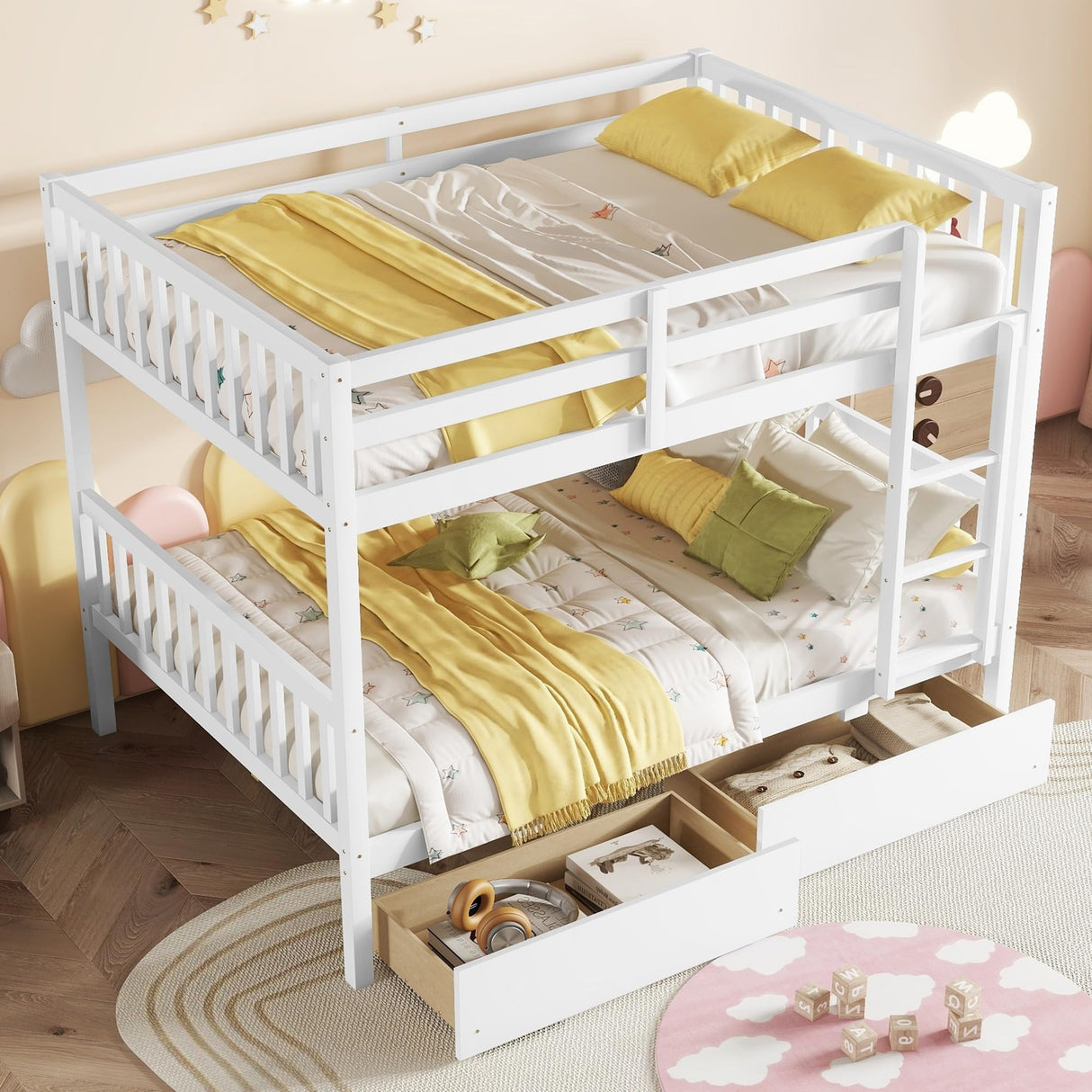 Ball & Cast Full Over Full Wood Bunk Bed for Kids,Convertible Storage Bunk Bed with Two Storage Drawers and Ladder,Can Be Divided Into Two Full Size Daybeds,No Box Spring Required,White Ball & Cast