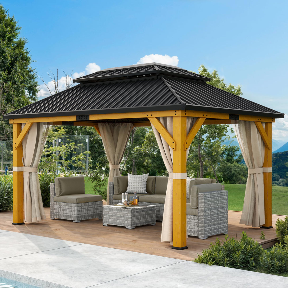 DWVO 13X15FT Gazebo Wood Outdoor Wooden Frame Double Roof Hardtop Galvanized Steel Top Canopy w/Curtain and Netting, Patio Heavy Duty for Deck, Backyard, Beige Yellow DWVO