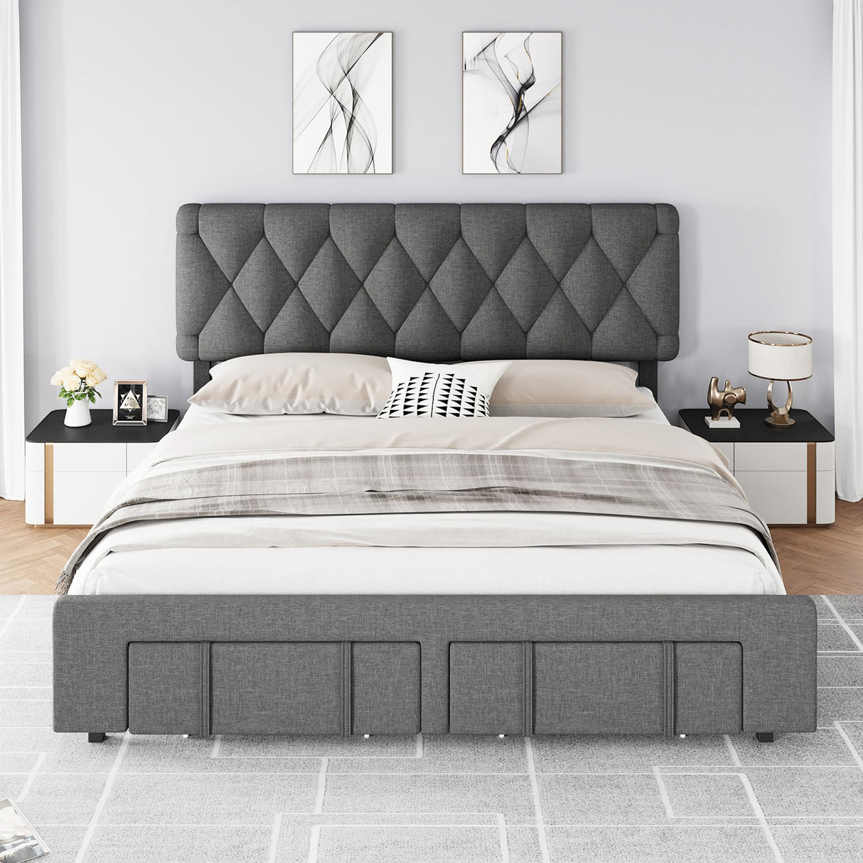 GarveeHome King Size Bed Frame, Upholstered Platform Bed Frame with Storage Drawers, Mattress Foundation with Solid Wooden Slats Support, No Box Spring Needed, Grey GarveeHome
