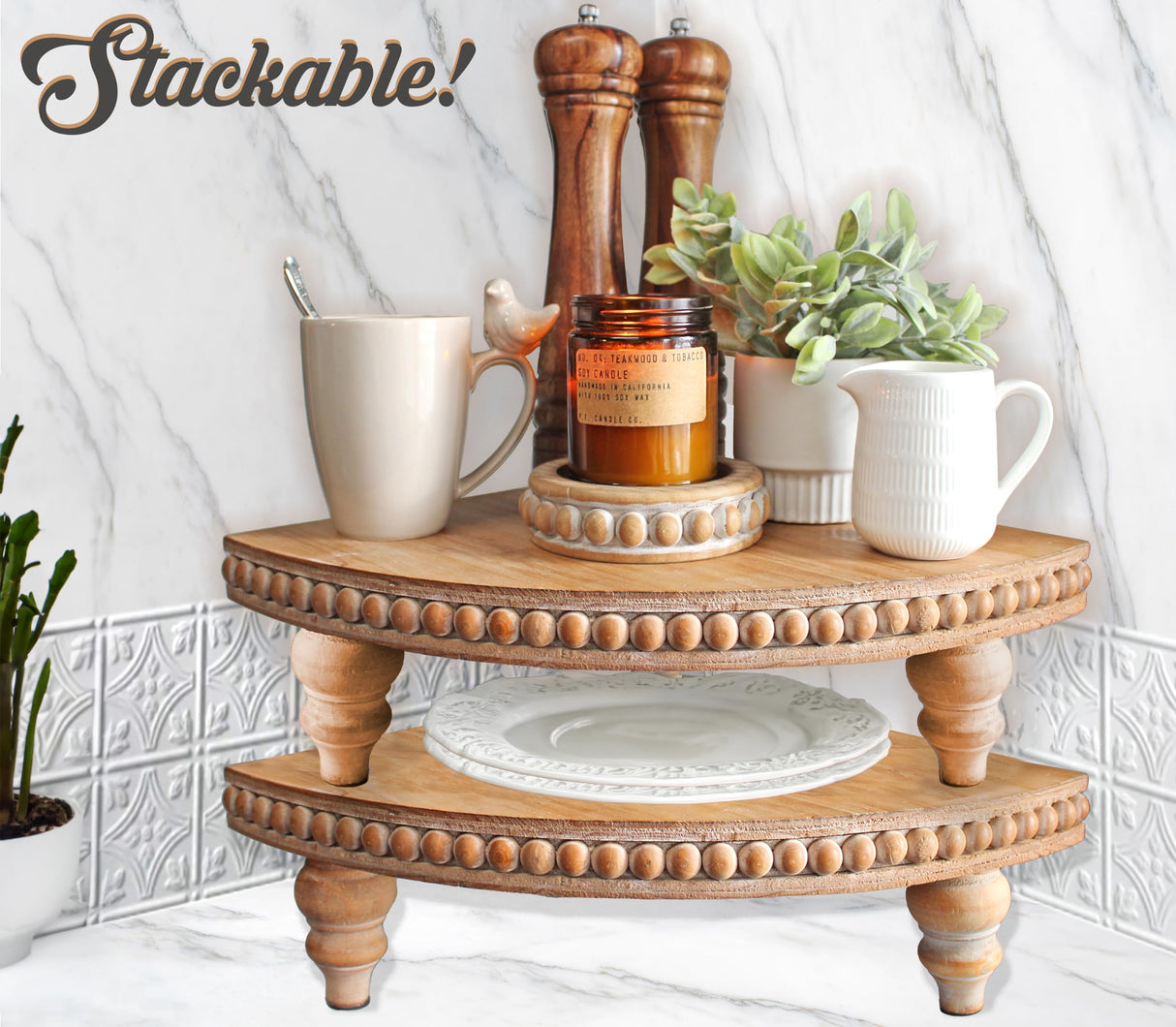 Corner Pedestal Stand Rustic Decor Riser for Display - Farmhouse Wood Rounded Beaded Tray for Kitchen and Bathroom Countertop Organizer, Coffee Bar, Plant Stand with Removable Feet (Rustic White) Felt Creative Home Goods