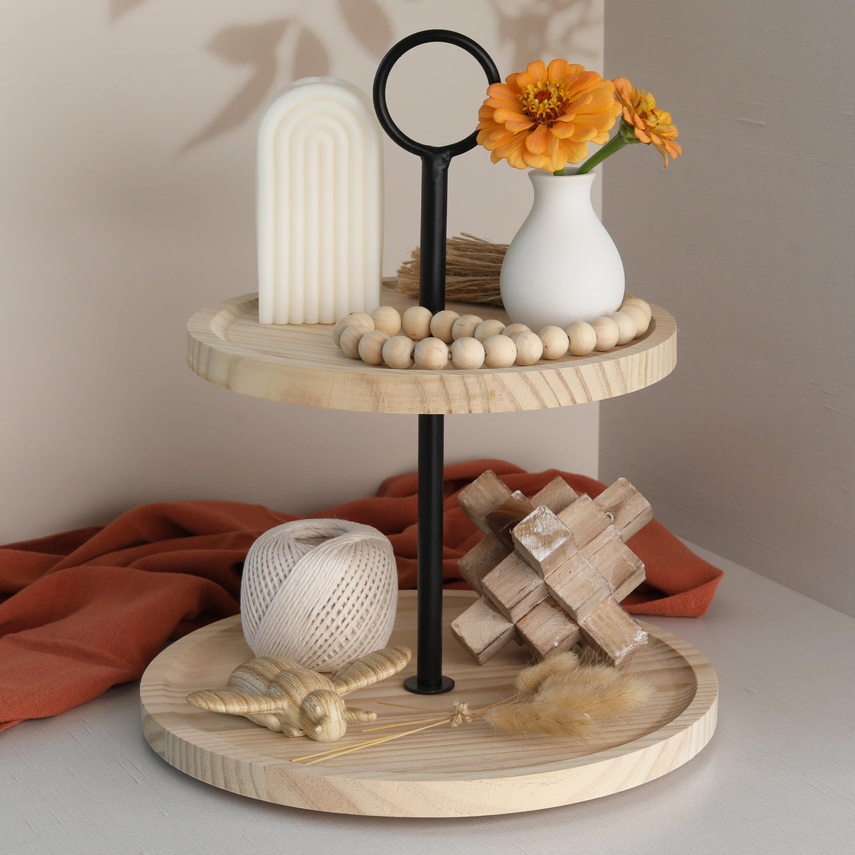 Decorative Wooden Tiered Tray Stand - Beautiful Two Tiered Coffee Table Serving Tray Enhances Your Seasonal Modern Farmhouse Decor - The Perfect Centerpiece for Your Fall Table Decorations KIBAGA