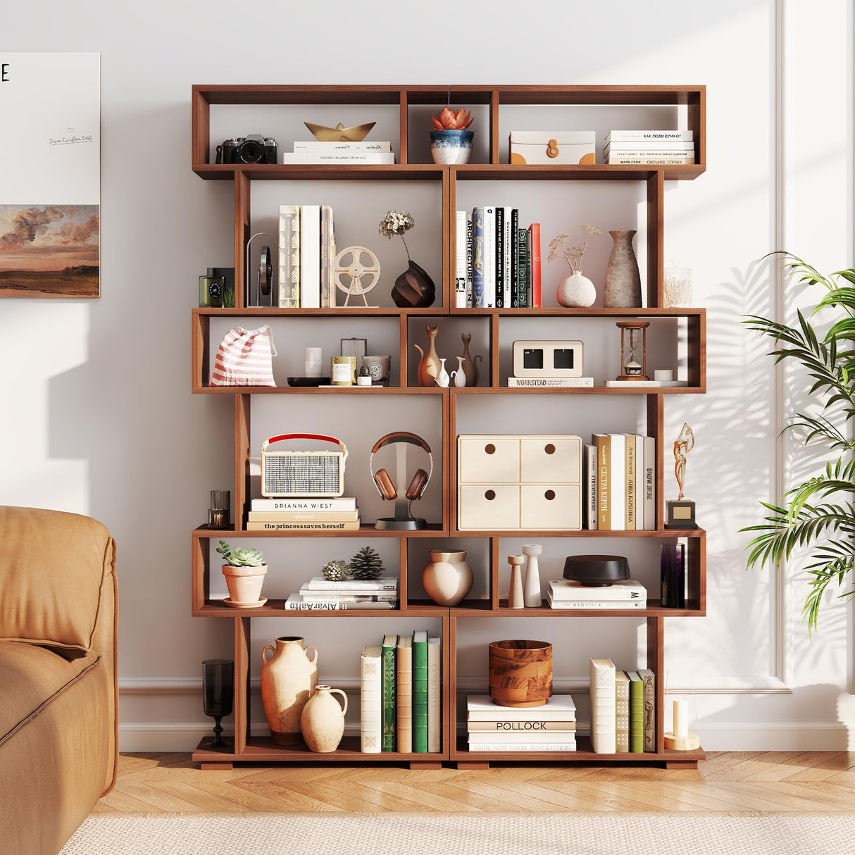 Tangkula 6-Tier S-Shaped Bookshelf, 64" Freestanding Geometric Bookcase, Home Office Wood Storage Shelf with Anti-Toppling Device, Room Divider Display Rack for Study, Living Room (1, Walnut) Tangkula