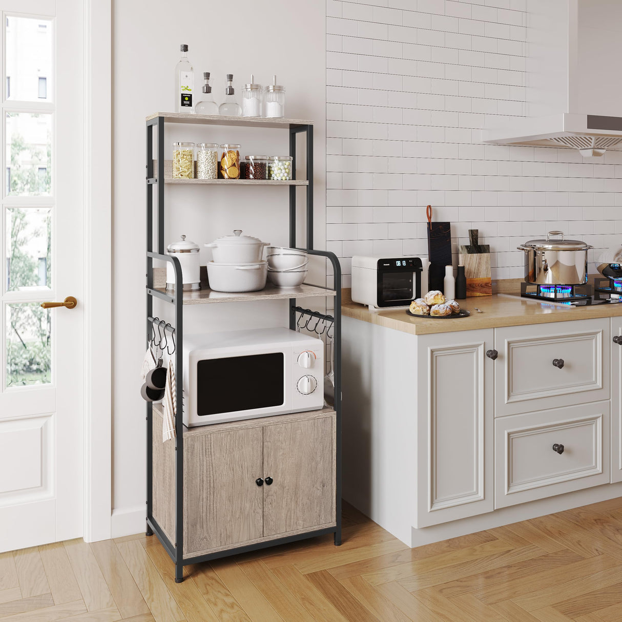 Yaheetech 4-Tier Kitchen Bakers Rack with Storage Cabinet and Hutch, Microwave Oven Stand Coffee Bar Pantry Cabinet with 8 S Hooks, Freestanding Kitchen Shelves Spice Rack, Gray Yaheetech