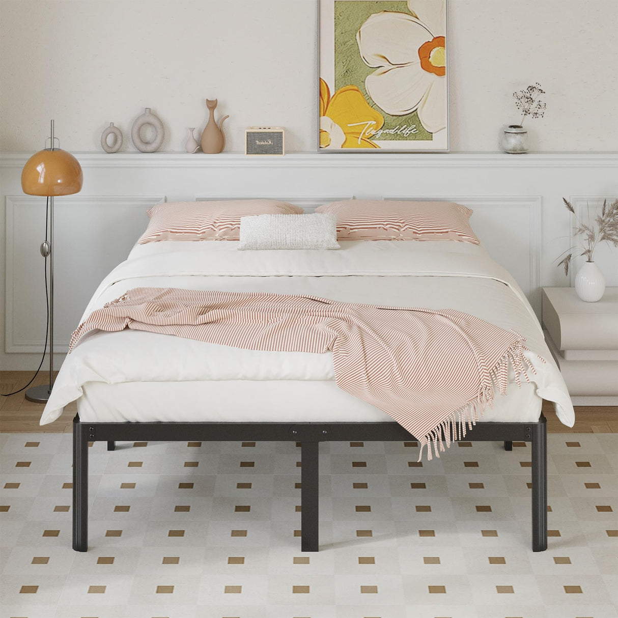 Yicensen 14 Inch Queen Bed Frame Heavy Duty Rounded Corner Legs Platform Bed Frame Queen Size, Easy Assembly, Noise Free, No Box Spring Needed, Black. Yicensen