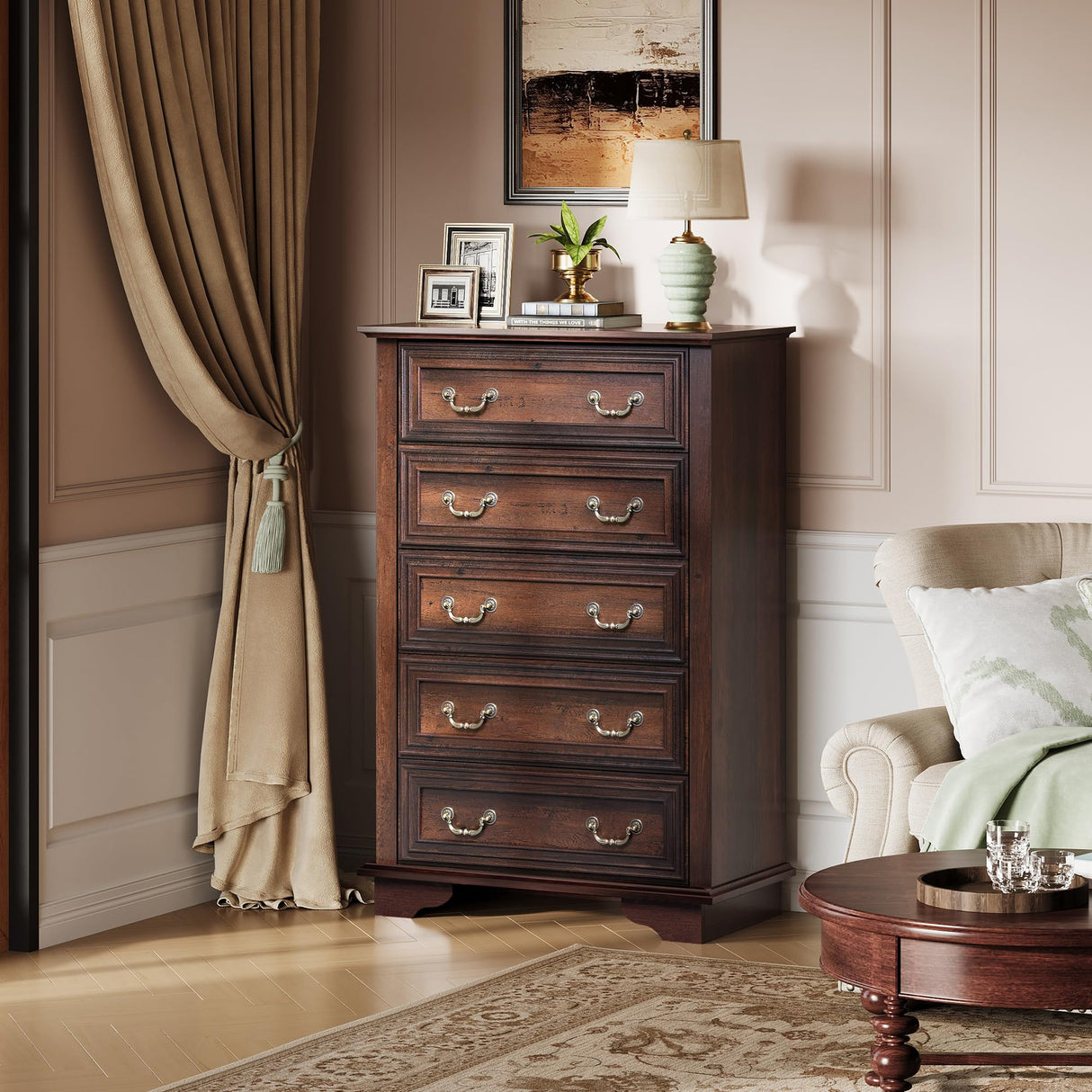 WLIVE Farmhouse Dresser for Bedroom, Tall Wood Dresser with 5 Drawer, Chest of Drawers with Roman Metal Handle for Living Room, Hallway, Closet, Brown WLIVE