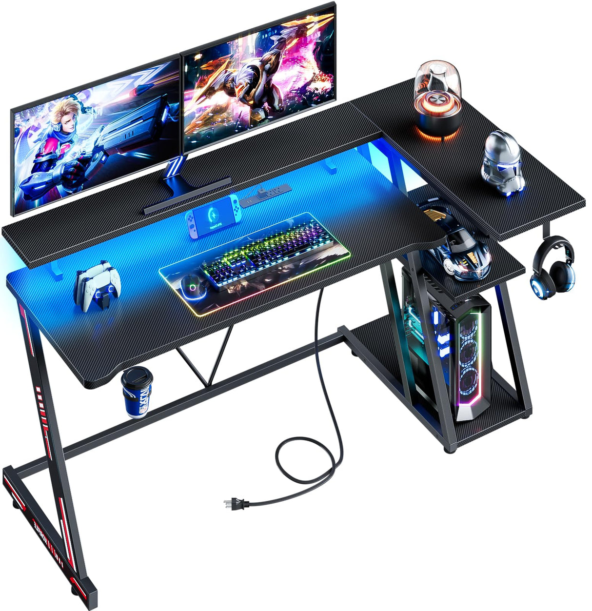 Korfile Computer Gaming Desk with Power Outlet & LED Lights, Reversible L Shaped Gamer Table with Storage Shelves for Bedroom, Corner Home Office Desk, 55 Inch, Carbon Fiber Black Korfile