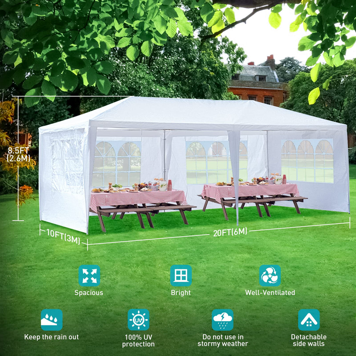 10'x20' Outdoor Party Tent, Large Tents for Parties, Wedding, Birthday, White Canopy Tent with 4 Removable Sidewalls & Transparent Windows, Outside Gazebo Event Tent for Backyard, Patio and Garden BNSPLY