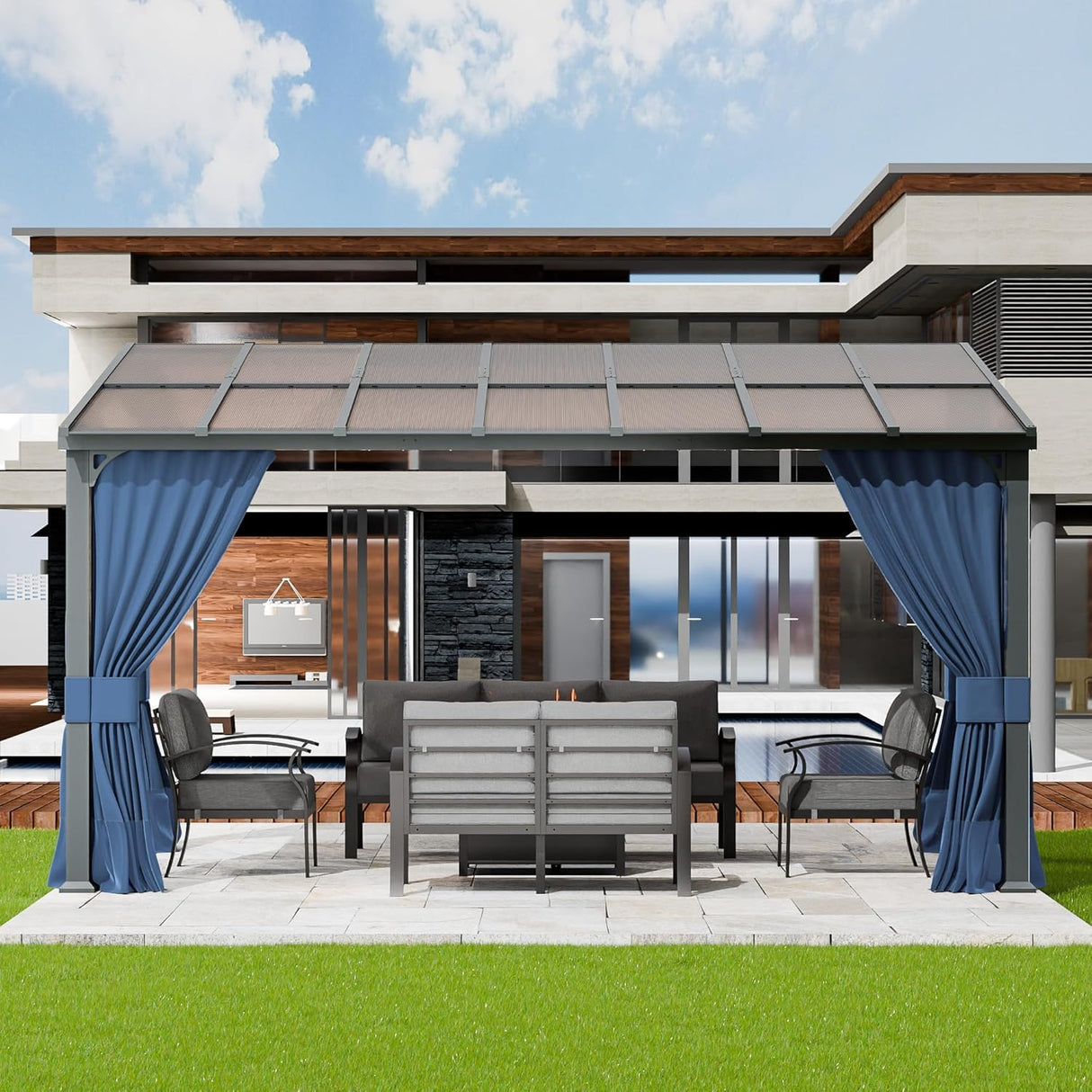 10x14FT Gazebo, Hardtop Wall Mounted Gazebo with Sloping Sun Panel Roof, Awnings for Patio with Metal Frame, Double Curtains for Garden, Lawn, Backyard Deck, Sand ASJMR