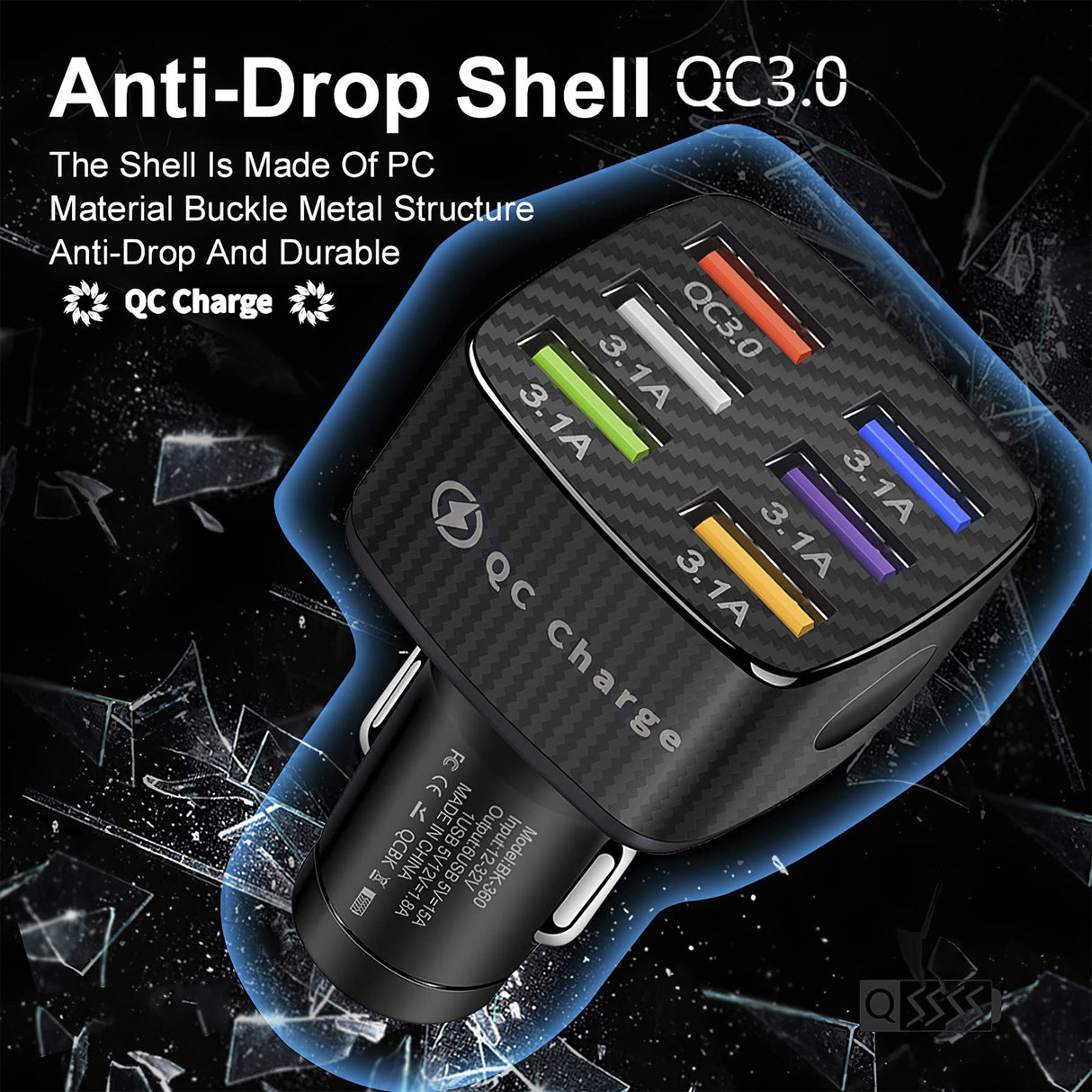 Amiss Car Charger Adapter, 6 USB Multi Port, Fast Charger, Include QC 3.0 and 5 Other Ports, Car Interior Accessories, Fit for iPhone 13/12/11/pro, Samsung Galaxy/Note S10/S9/S8, Android - Black Amiss