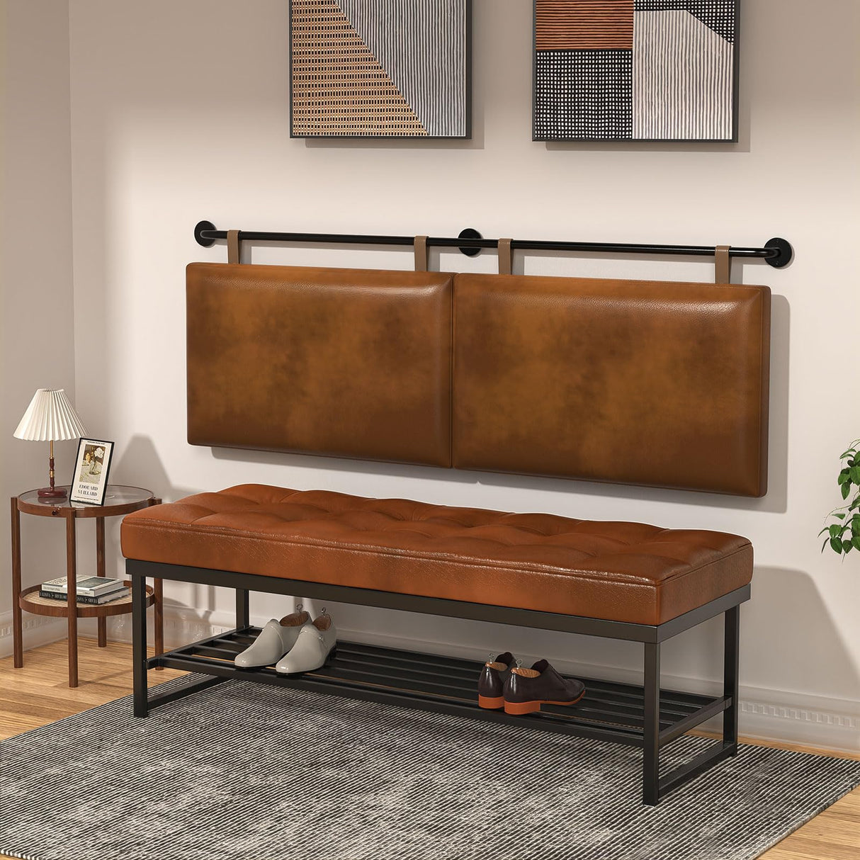 BSHOMGI Queen Headboard, Hanging Headboards with Brown Faux Leather Industrial Pipe Modern Style Multifunction Queen Headboard Only for Bed Backboard (Brown, Queen) BSHOMGI