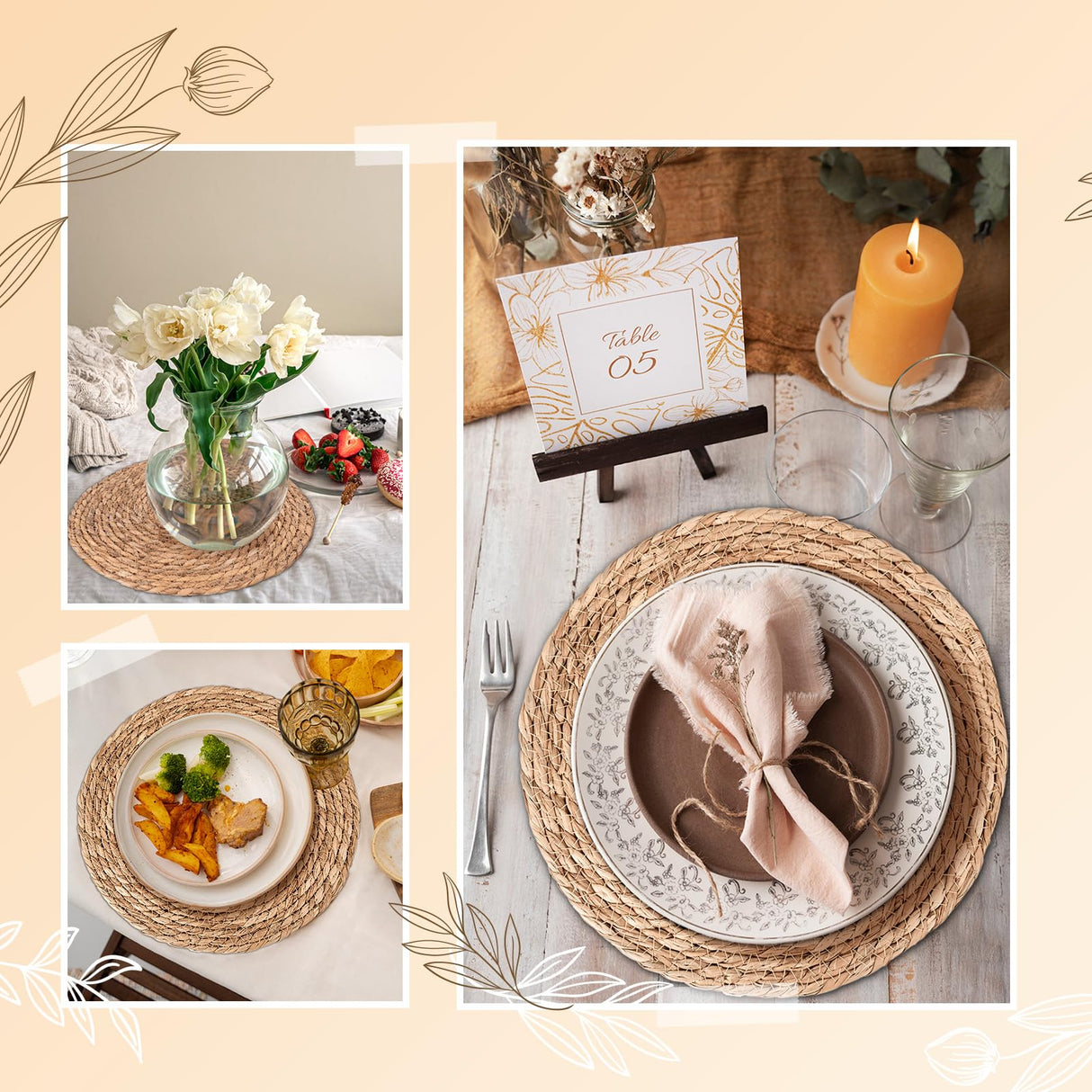 Round Woven Placemats Set of 6 | Handmade Natural Wicker Placemats for Holiday Wedding Home - Slip Heat Resistant Rattan Chargers for Dinner Plates (12 Inch) Rcrirth