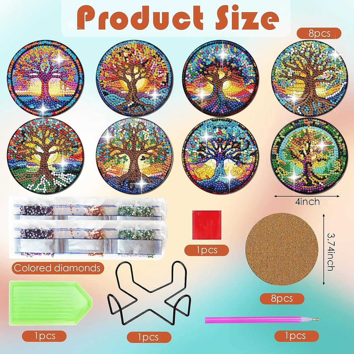 ijbnhd 8 PCS Tree of Life Diamond Art Coasters Diamond Painting Coasters Kits with Holder Tree of Life DIY Coasters for Beginners Adults Crafts Supplies 4X4inch (Cork Wooden Pad) ijbnhd