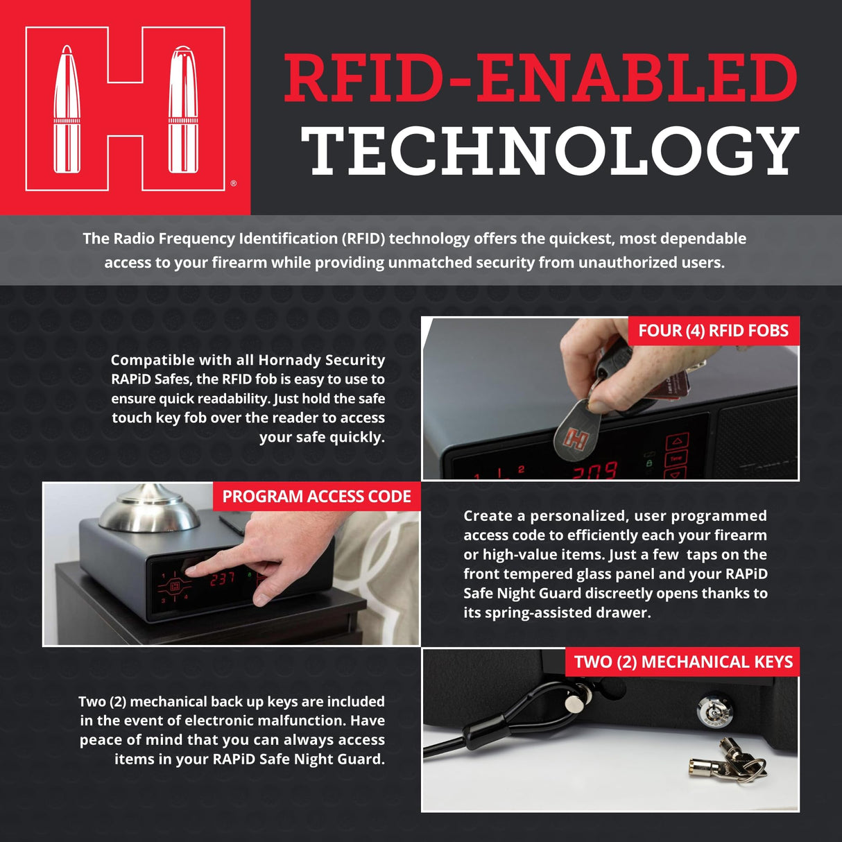 Hornady Rapid Safe Night Guard – Nightstand Gun Safe with RFID Reader, Clock, USB Ports – RFID Safe for Fast, Multiple Method Entry – Includes Rapid Safe, 3 Methods of Entry and Security Cable Hornady