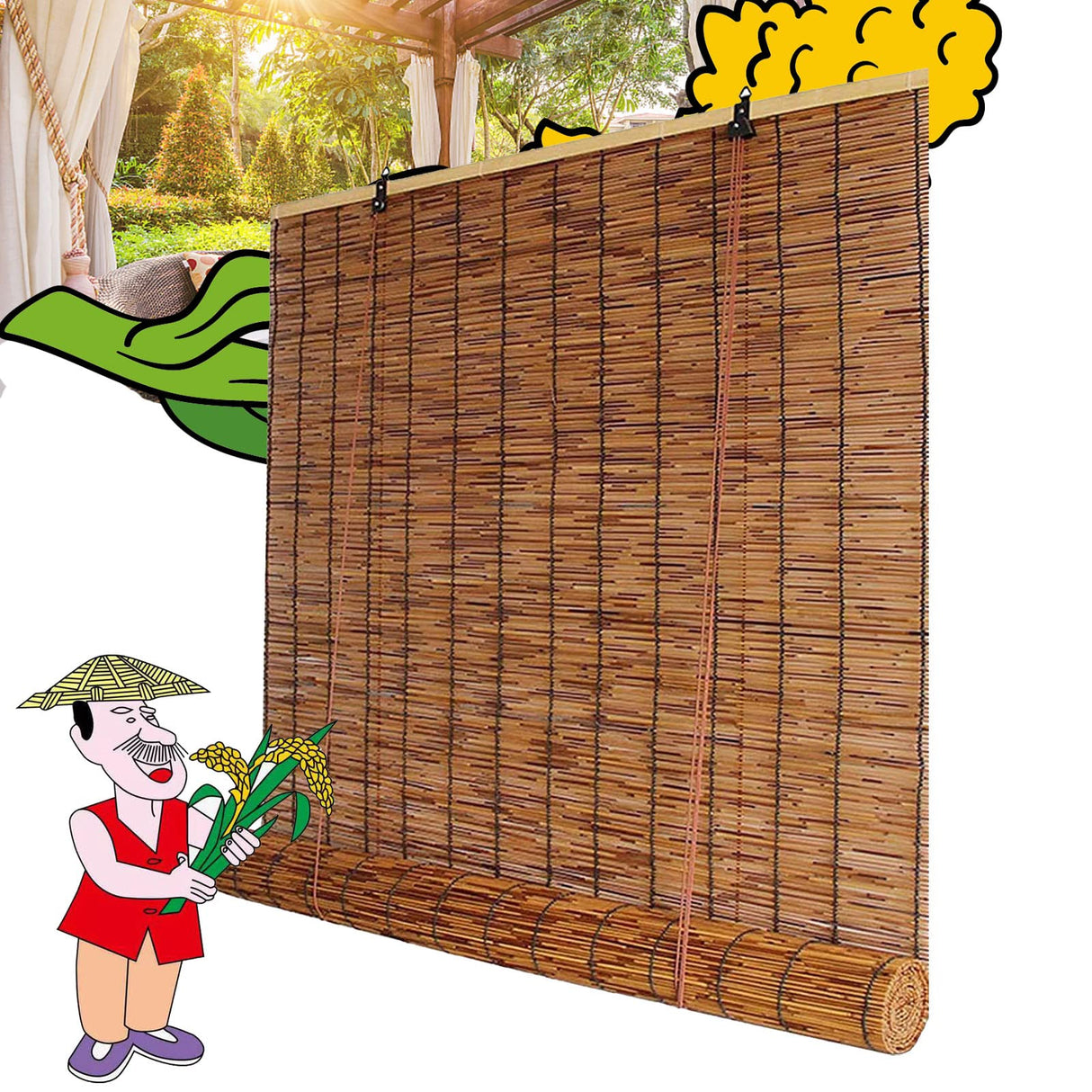 Patio Shades Roll Up Outdoor Bamboo Blinds for Outdoor Patio Bamboo Roll Up Shades, Bamboo Shades for Patio Outdoor Blinds for Porch Bamboo Roll Up Blinds 31×43in(W×H) Brown OCAZI