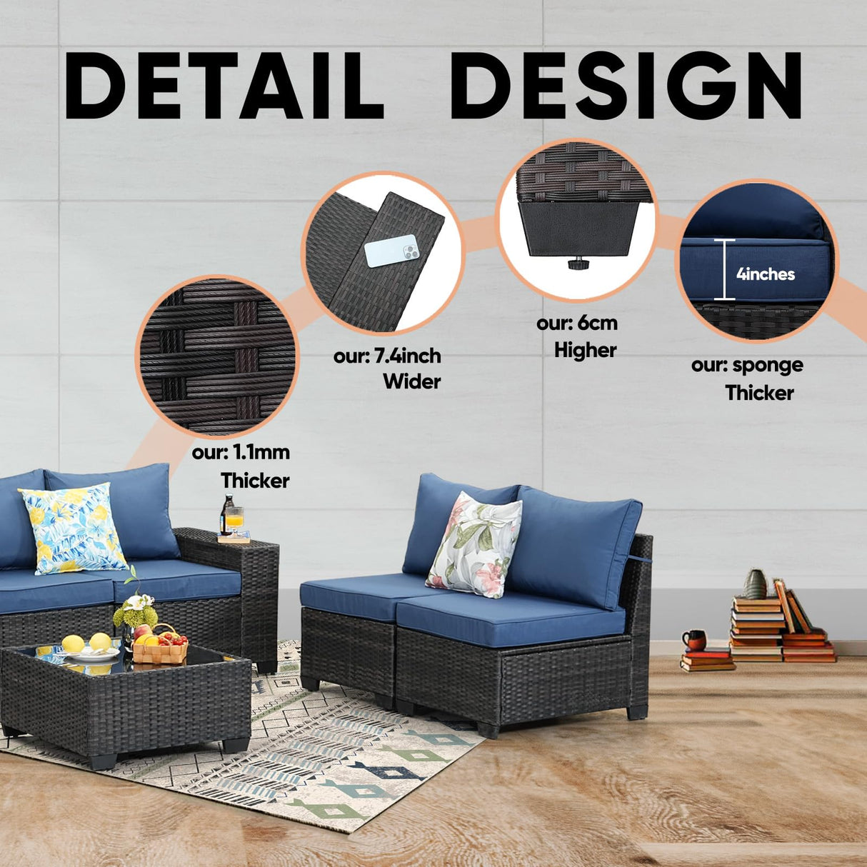 TerraRelax Patio Furniture Set 5 Pieces All Weather Patio Conversation Sets Wicker PE Rattan Outdoor Sectional Couch Sofa with Cushion Ottoman Table for Poolside Peacock, Garden, Backyard Navy TerraRelax