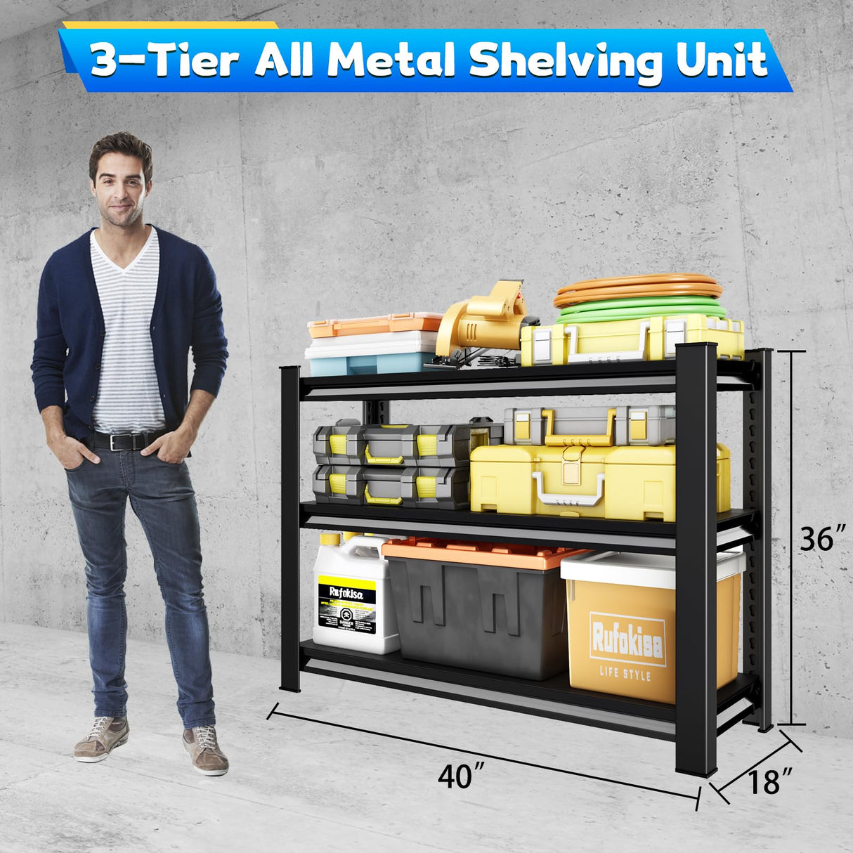 Rufokisa 40" W Garage Shelving Heavy Duty,1500LBS Loads Adjustable Garage Storage Shelves,3-Tier Metal Storage Racks and Shelving Units, Utility Rack Shelves,40”W x 18”D x 36”H,Black Rufokisa