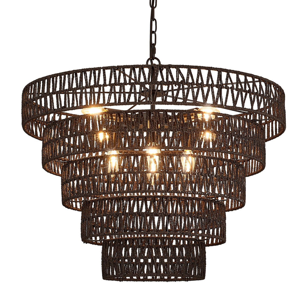 Widluth 25.6” Black Hand-Woven Rattan Chandelier Vintage Farmhouse 8-Lights Boho Large Bamboo Chandelier Light Fixture Retro 5-Tier Drum Wicker Chandelier for Dining Room, Kitchen, Bedroom, E12 Widluth