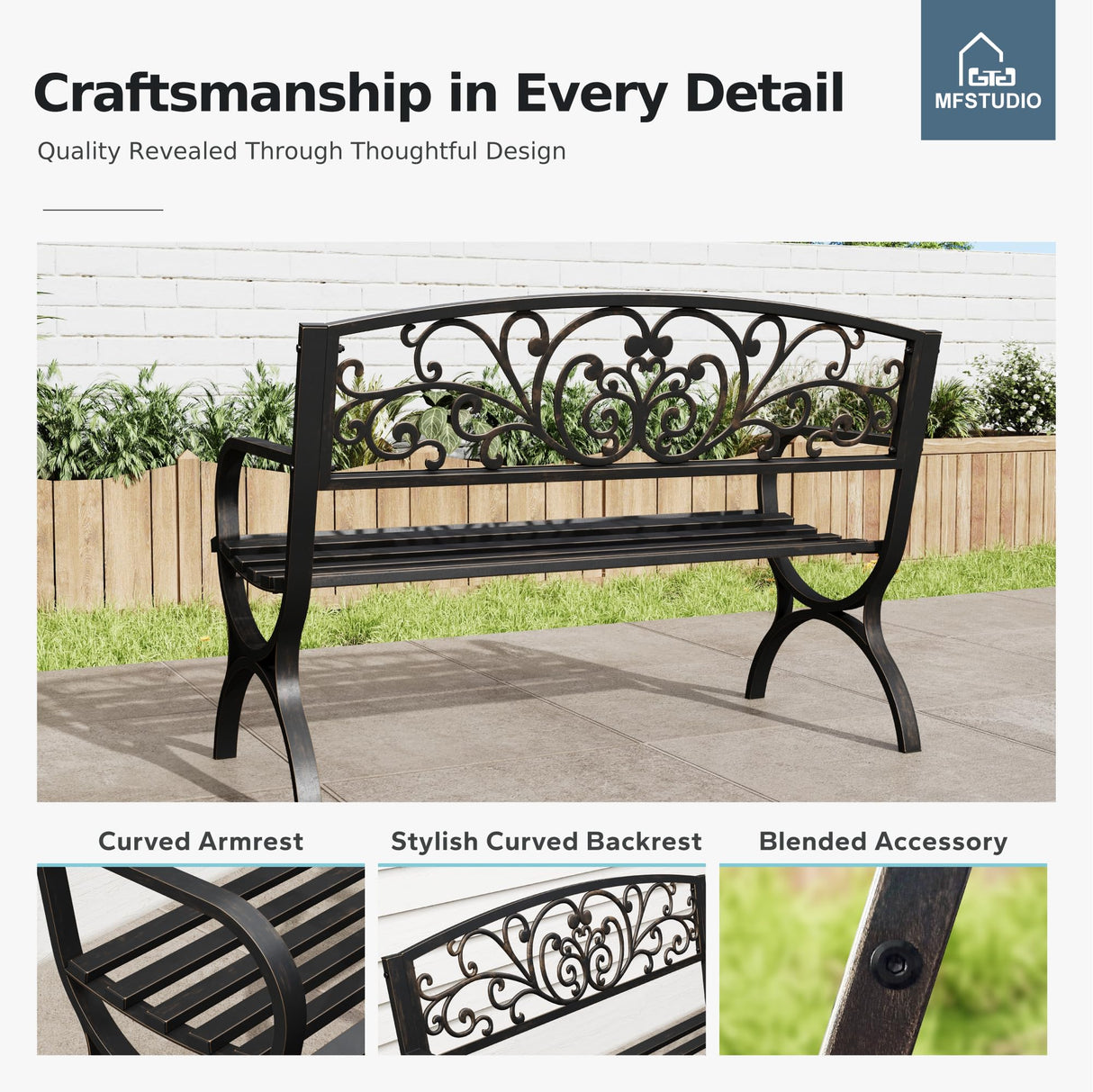 MFSTUDIO 50 Inches Outdoor Garden Bench, Cast Iron Metal Frame Patio Park Bench with Floral Pattern Backrest, Arch Legs for Porch, Lawn, Yard-Bronze MFSTUDIO