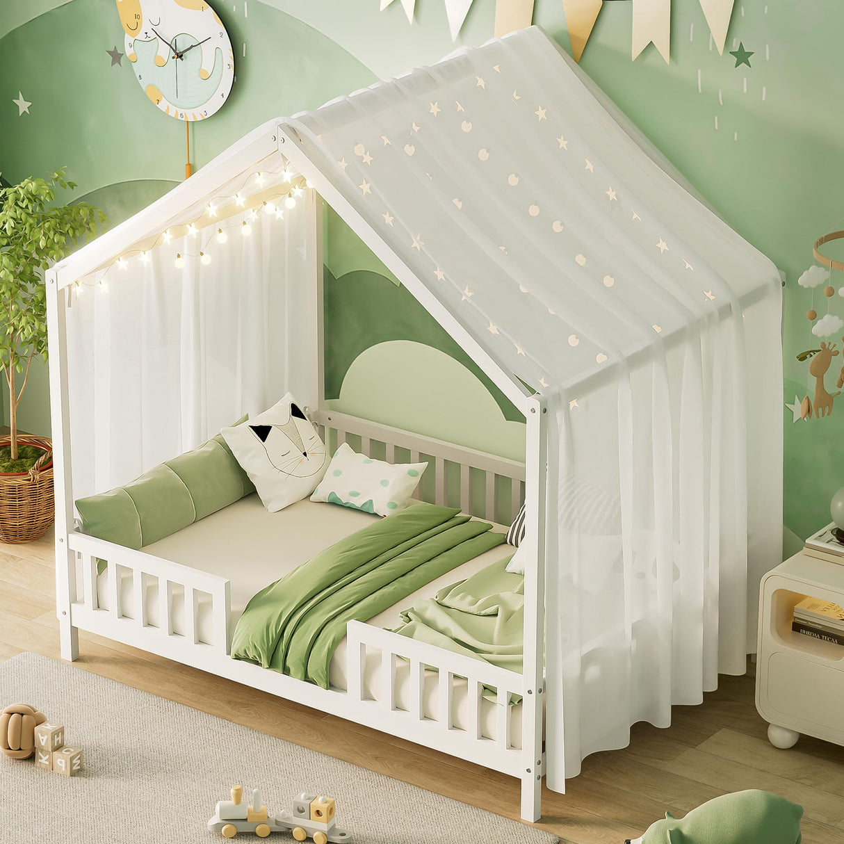 Merax House Shape Full Size Montessori House Bed Wood Floor Bed with Canopy Full Bedframe for Kids No Box Spring Needed White Merax