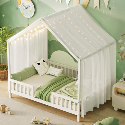 Merax House Shape Full Size Montessori House Bed Wood Floor Bed with Canopy Full Bedframe for Kids No Box Spring Needed White