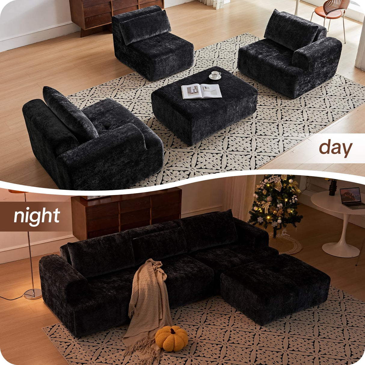 LOOMORA 108" Modular Sectional Sofa - L-Shape Chaise, Modern Modular Cloud Couch with Deep Seat and Pillow, Boneless Couch Comfy Sofa for Living Room & Apartment, No Assembly(Black) LOOMORA