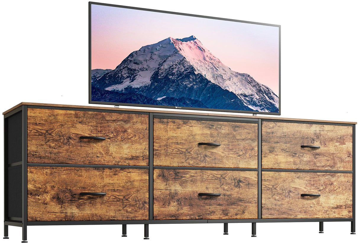 Huuger 63 Inch Long Dresser for Bedroom, Wide TV Stand for 55, 65, 70 Inch TV, 6 Drawer Dresser for Closet with Fabric Drawers, Storage Organizer for Bedroom, Entryway, Rustic Brown Huuger