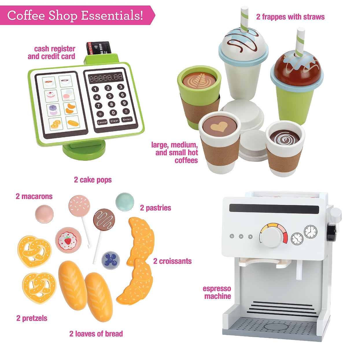 Pretend Coffee Shop Wooden Playset - Drive Thru Window Fun - Includes Frappuccino w Straws, Espresso Maker, Bread, Pastries, Rotating Cash Register, Coffee Cups, Apron- Over 25 Super Cute Play Pieces! Svan