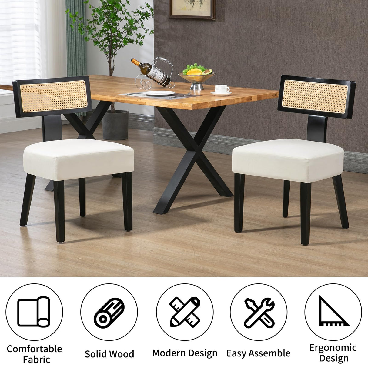 WQSLHX Linen Upholstered Farmhouse Dining Chairs Set of 4, Modern Rattan Dining Room Chairs with Wood Legs, Curved Backrest Kitchen Chairs Armless Accent Chairs for Living Room, Cream WQSLHX