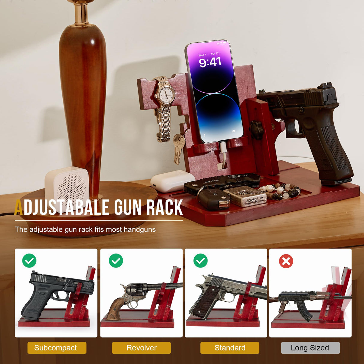 OneTigris Wood Phone Docking Station, Gifts for Men Nightstand Organizer Desk Organizer Beside Wallet Tray Watch Stand with Gun Rack, Anniversary Birthday Gifts for Dad Husband Boyfriend Fathers' Day OneTigris