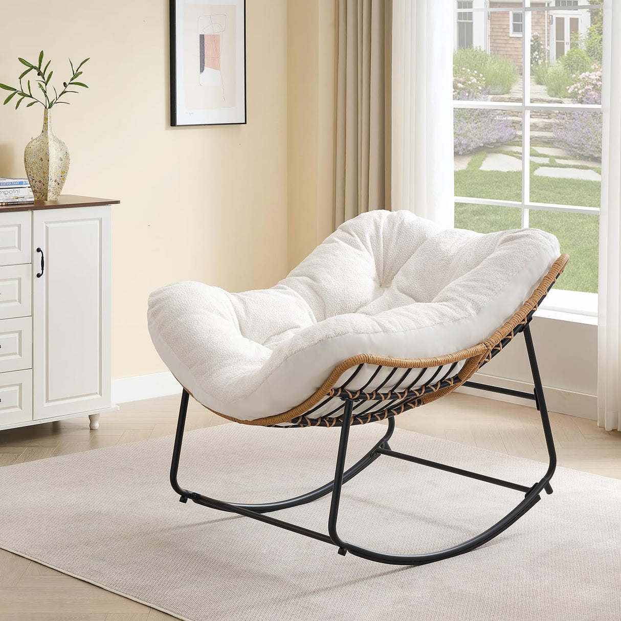 ONBRILL Outdoor Rocking Chairs, Oversized Papasan Rocking Chair Indoors with Padded Cushions, Rattan Wicker Lounge Chair for Living Room, Porch, Patio, Garden ONBRILL