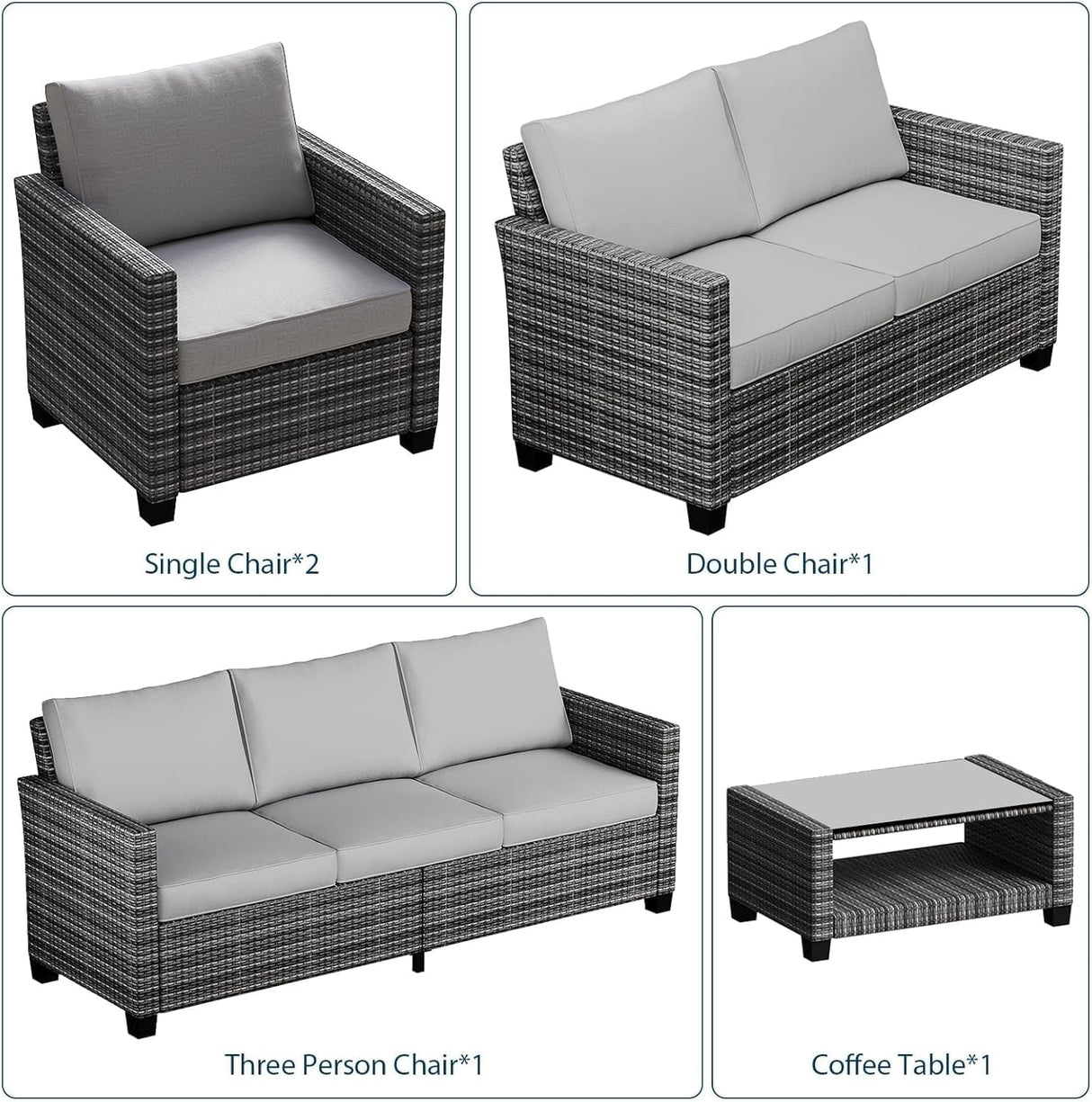 Patio Furniture Sets 6 Pieces, PE Wicker Modern Patio Conversation Set with Storage Cushions for Poolside, Deck, Balcony, Grey + Earthy Grey GAOMON