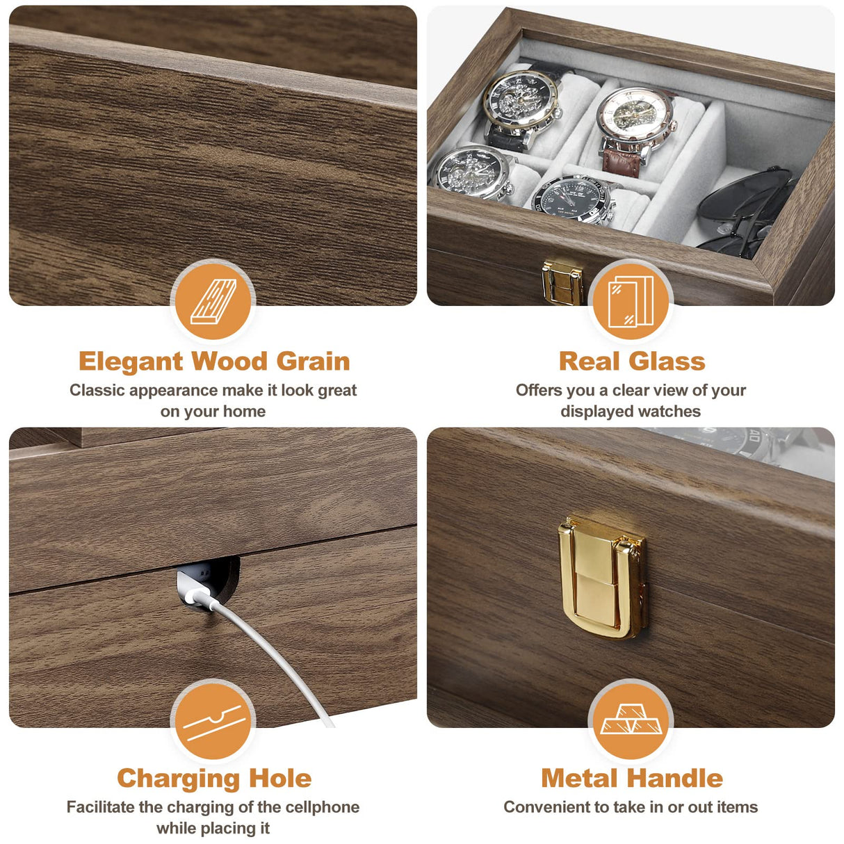 Homde Watch Box for Men Jewelry Organizer with Real Glass Watch Case for Ring, Bracelet, Watch, Necklace, Earrings, and Accessories Homde