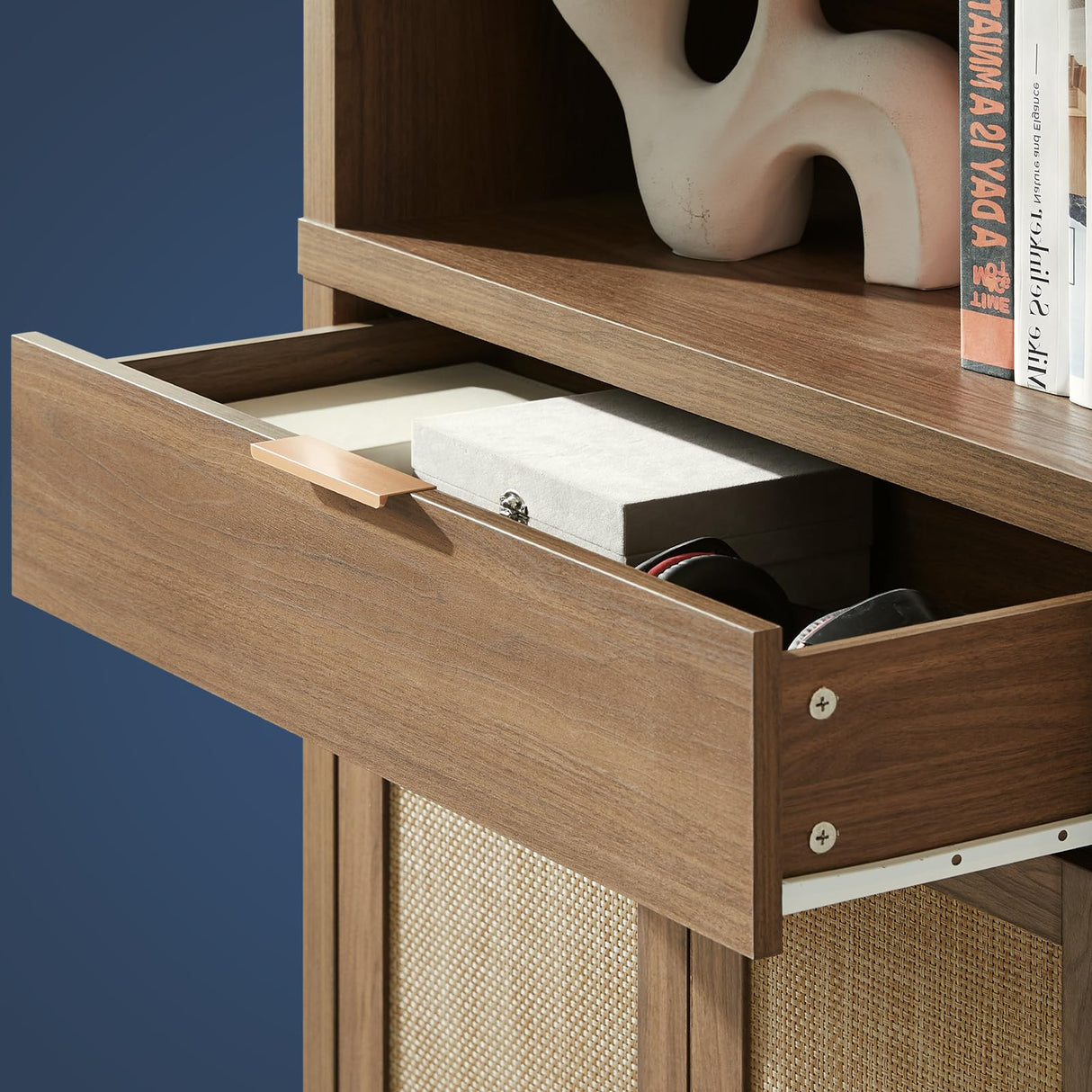 OAKHAM HOME Hampstead Bookcase, Rattan Bookcase with Doors Cabinet and Drawer, 5-Tier Bookshelf, Large Wooden Book Case, Tall Bookshelves for Library Living Room (Special Walnut, 2 Pieces) OAKHAM HOME