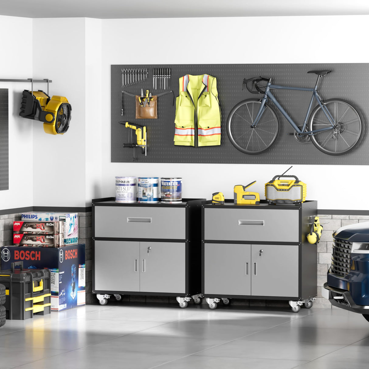 LCAOPC Metal Garage Storage Cabinet with Wheels, Lockable Rolling Tool Chest with Wheels, Tool Cabinet on Wheels, Utility Cabinet for Home, Office, Garage and Workshop, Black & Gray LCAOPC