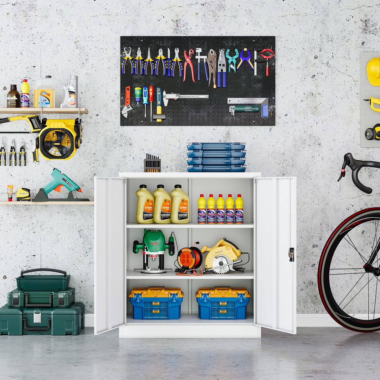 LISSIMO Metal Cabinet,Lockable Storage Cabinet with 2 Doors and 2 Adjustable Shelves,Tool Cabinets for Garage,Home Office,Basement,School,Hospital Assembly Required(White) LISSIMO