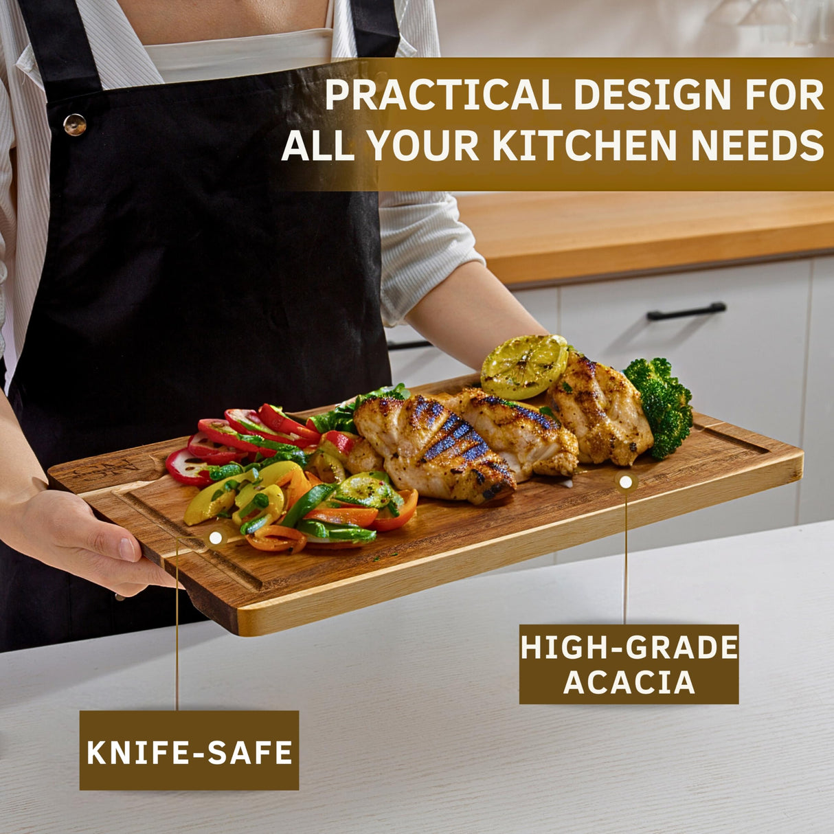 Acacia Wooden Cutting Boards for Kitchen (3 Pcs) - Acacia Wood Cutting Board Set with Deep Juice Groove and Handles, Chopping boards for kitchen, Meat, Vegetables and Cheese NobleSelect