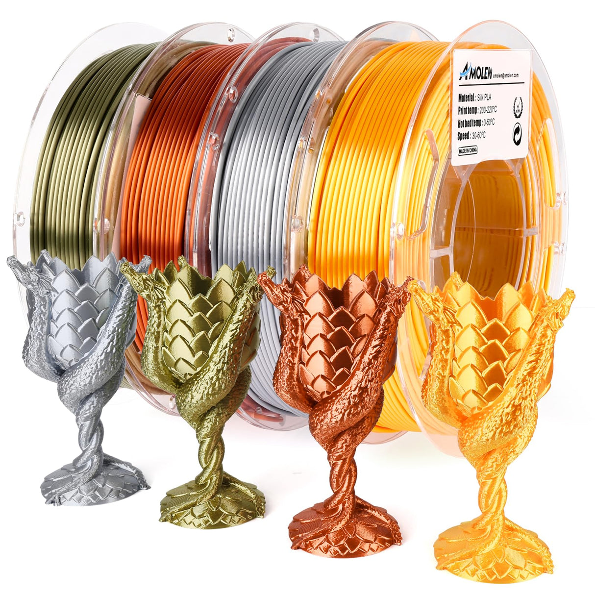 AMOLEN PLA 3D Printer Filament,PLA Filament 1.75mm,Silk Filament Bundle,Gold, Silver,Bronze, Red Copper,3D Printing Filament Bundle, 200gX 4 Spools AMOLEN