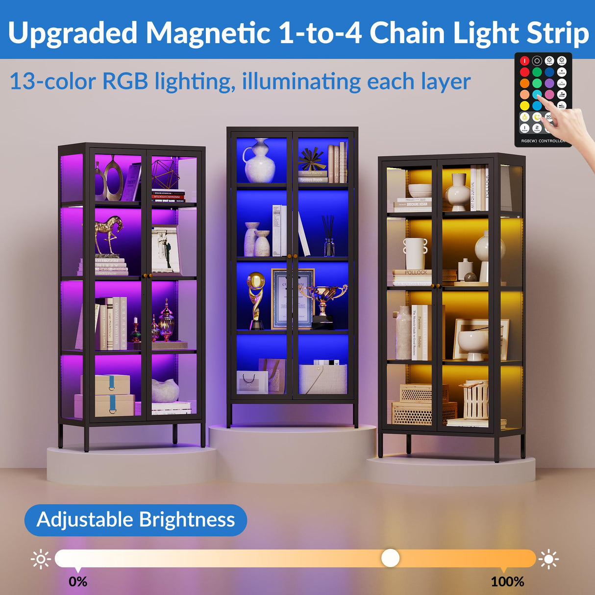 Desirable Life 4 Tier Glass Display Cabinet with 13 Color LED Lights, 63" Lighted Curio Cabinet with Glass Doors & Adjustable Shelves, Tall Metal Display Case for Collectibles - Black Desirable Life