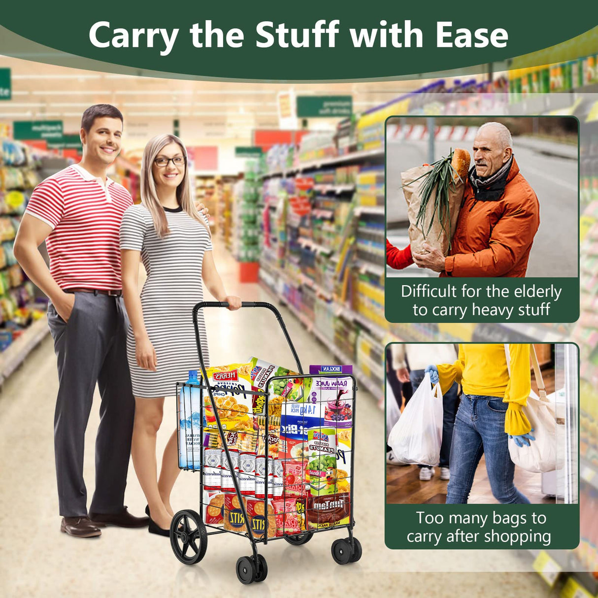 Goplus Jumbo Folding Shopping Cart with Rolling Swivel Wheels, Foldable Grocery Cart on Wheels with Double Basket, Heavy Duty Utility Cart, Shopping Carts for Groceries Laundry Book Luggage Travel Goplus