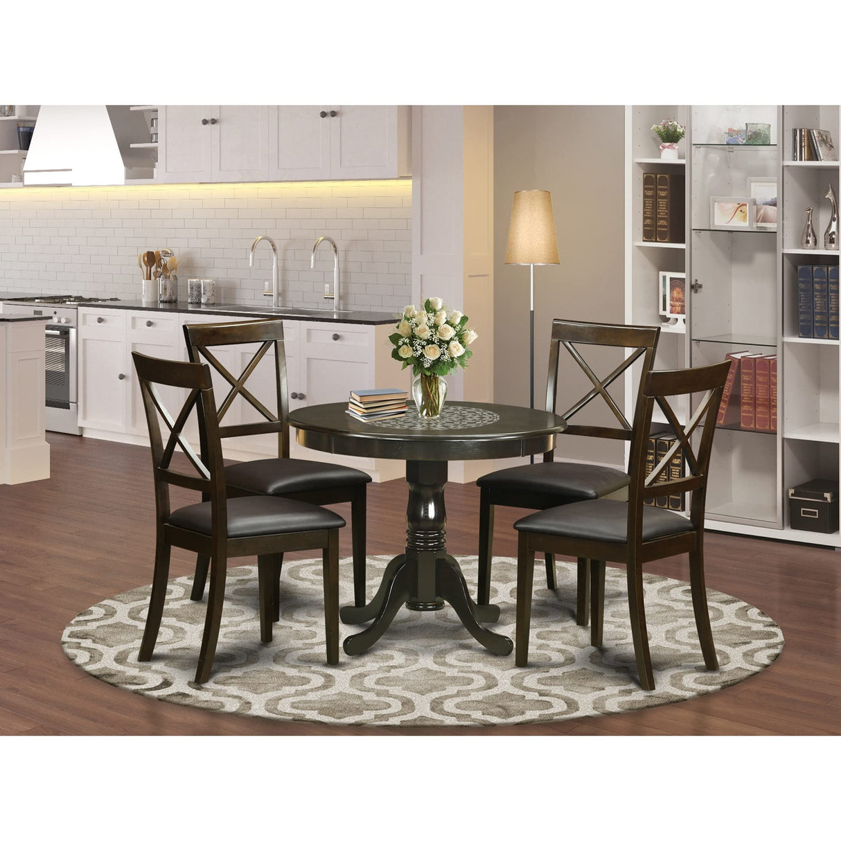 East West Furniture ANBO5-CAP-LC Antique 5 Piece Kitchen Set for 4 Includes a Round Table with Pedestal and 4 Faux Leather Dining Room Chairs, 36x36 Inch East West Furniture