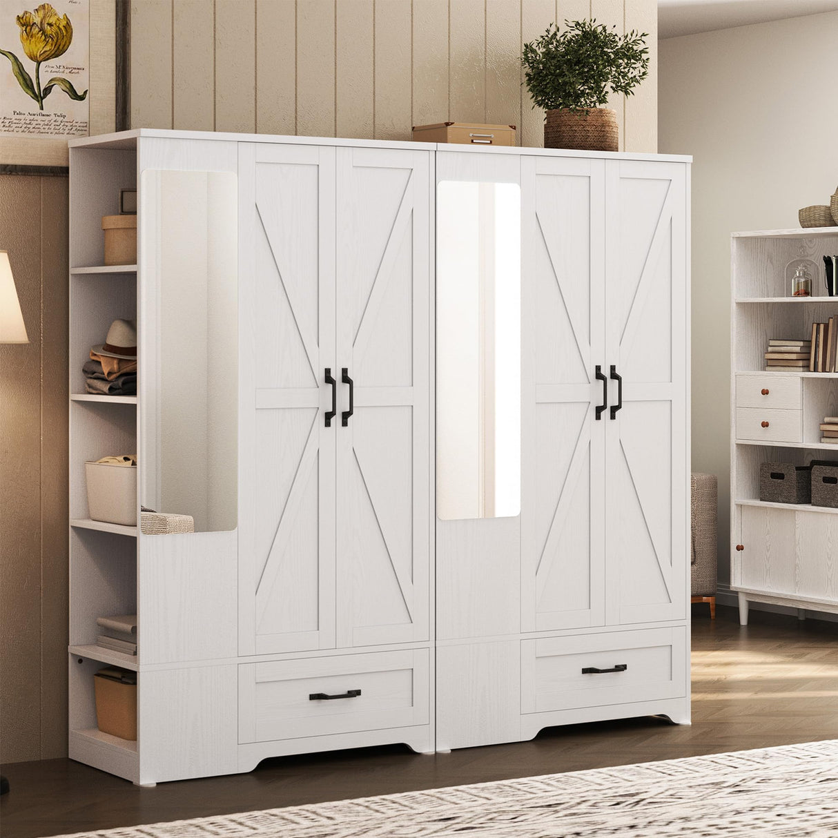 LIKIMIO Armoire Wardrobe Closet with Barn Doors and Drawers and Full Mirror and 5 Storage Shelves 70" Wooden Bedroom Wardrobe Combination for Hanging Clothes, White LIKIMIO