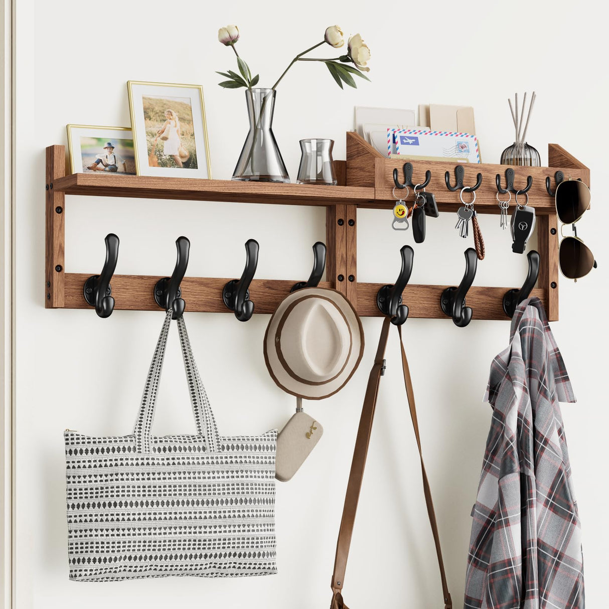 Tatub 29" Coat Rack Wall Mount with Shelf, 4 in 1 Entryway Key Holder with 7 Coat Hooks 4 Key Hangers Mail Organizer, Wood Wall Shelf for Living Room, Bedroom, Bathroom Tatub