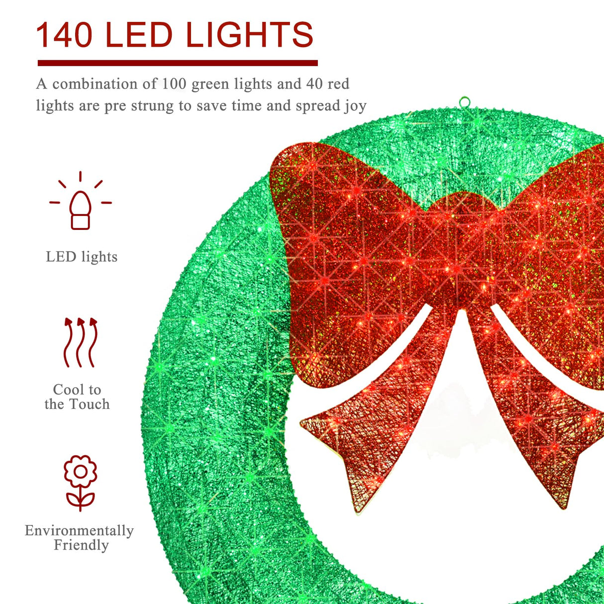 48Inch 4FT Large Christmas Wreath - Outdoor Christmas Wreaths with LED Lights,Extension Cable, Xmas Decorations for Door Outdoor Indoor Wall Home - Green HOYECHI